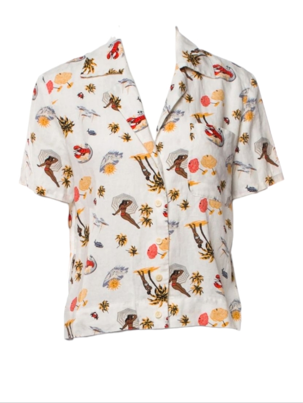 White Tropical Print Button-Front Women's Top